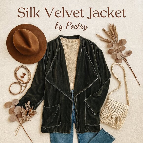 Poetry Silk Velvet Open Front Jacket Drape Collar Charcoal Gray Size 16 Luxury - Picture 12 of 12